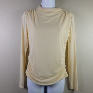 AQUA Nude Funnel Neck Mesh Ruched Long Sleeves Top Size Small NWT